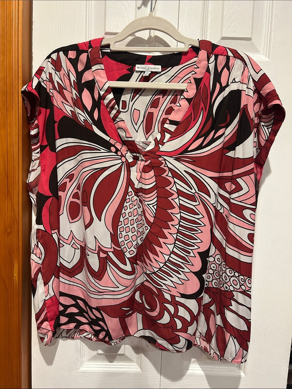 Maison Jules Red, Pink & Black Abstract V-Neck Knot Front Blouse